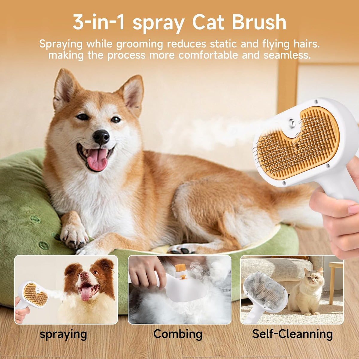 Grooming a long haired cat with the VVWVVW misting comb to remove tangles and reduce shedding