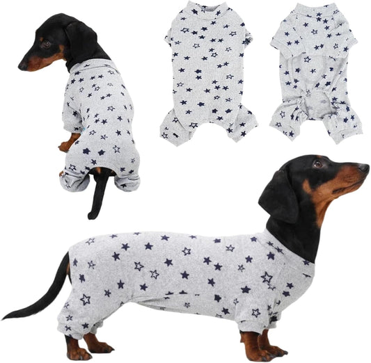 T'CHAQUE Classic Star Dachshund Pajamas front view on a miniature wiener dog.