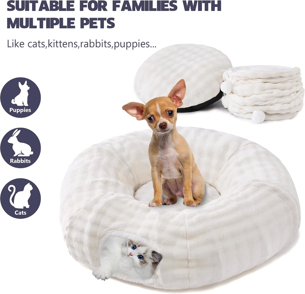 Yaning modular donut cat bed showing the two separate semi circular tunnel pieces