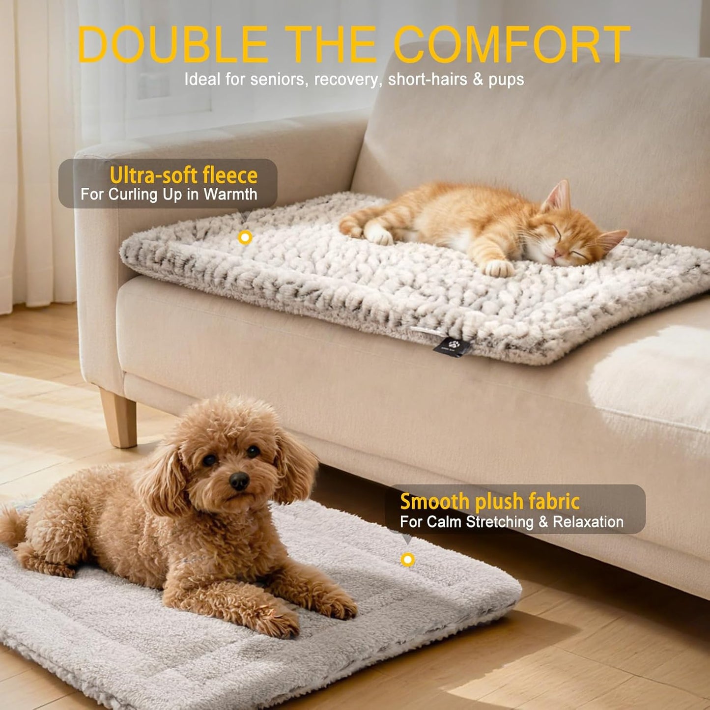 Mora Pets thermal cat bed laid out flat on a cozy sofa.