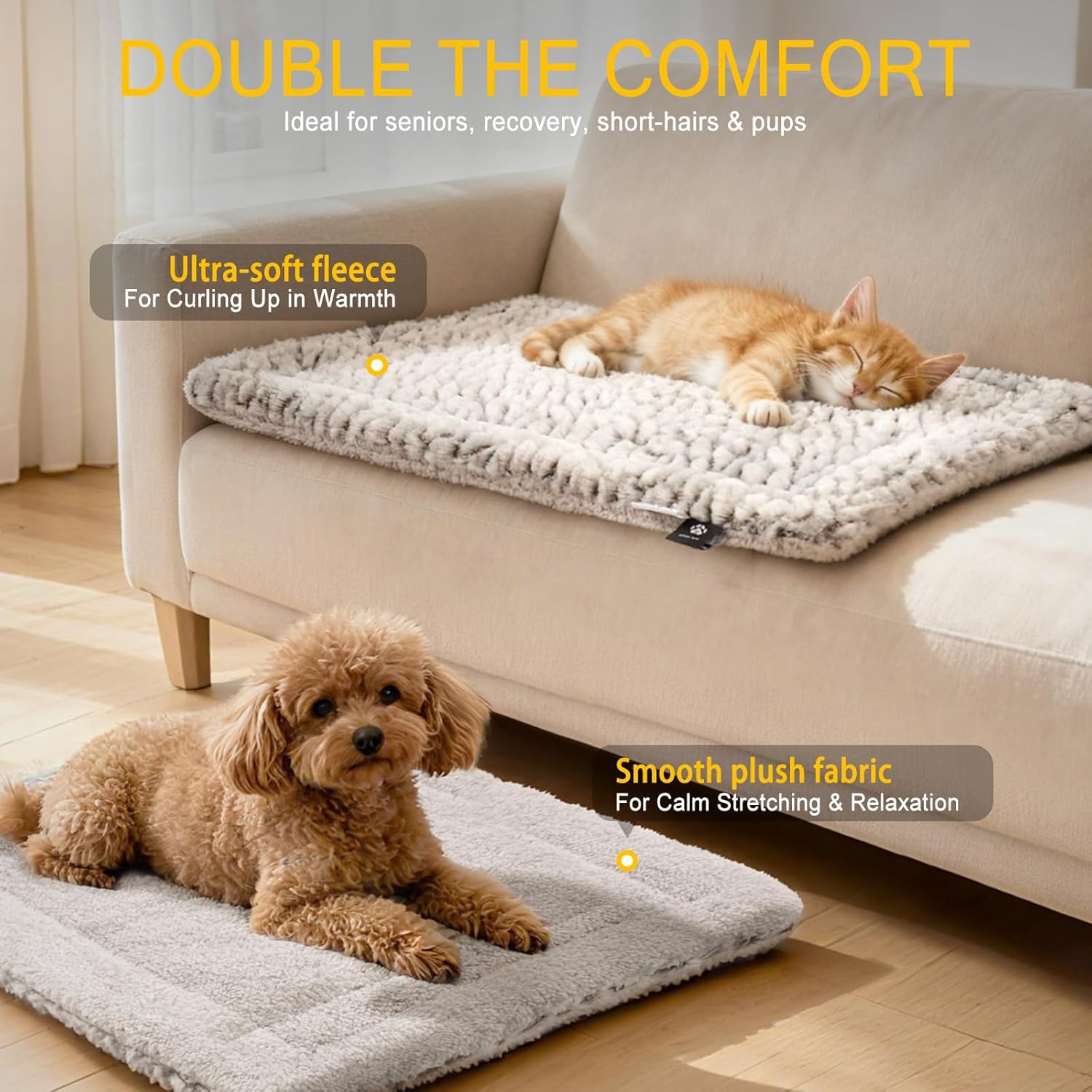 Mora Pets thermal cat bed laid out flat on a cozy sofa.