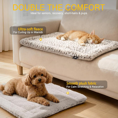 Mora Pets thermal cat bed laid out flat on a cozy sofa.