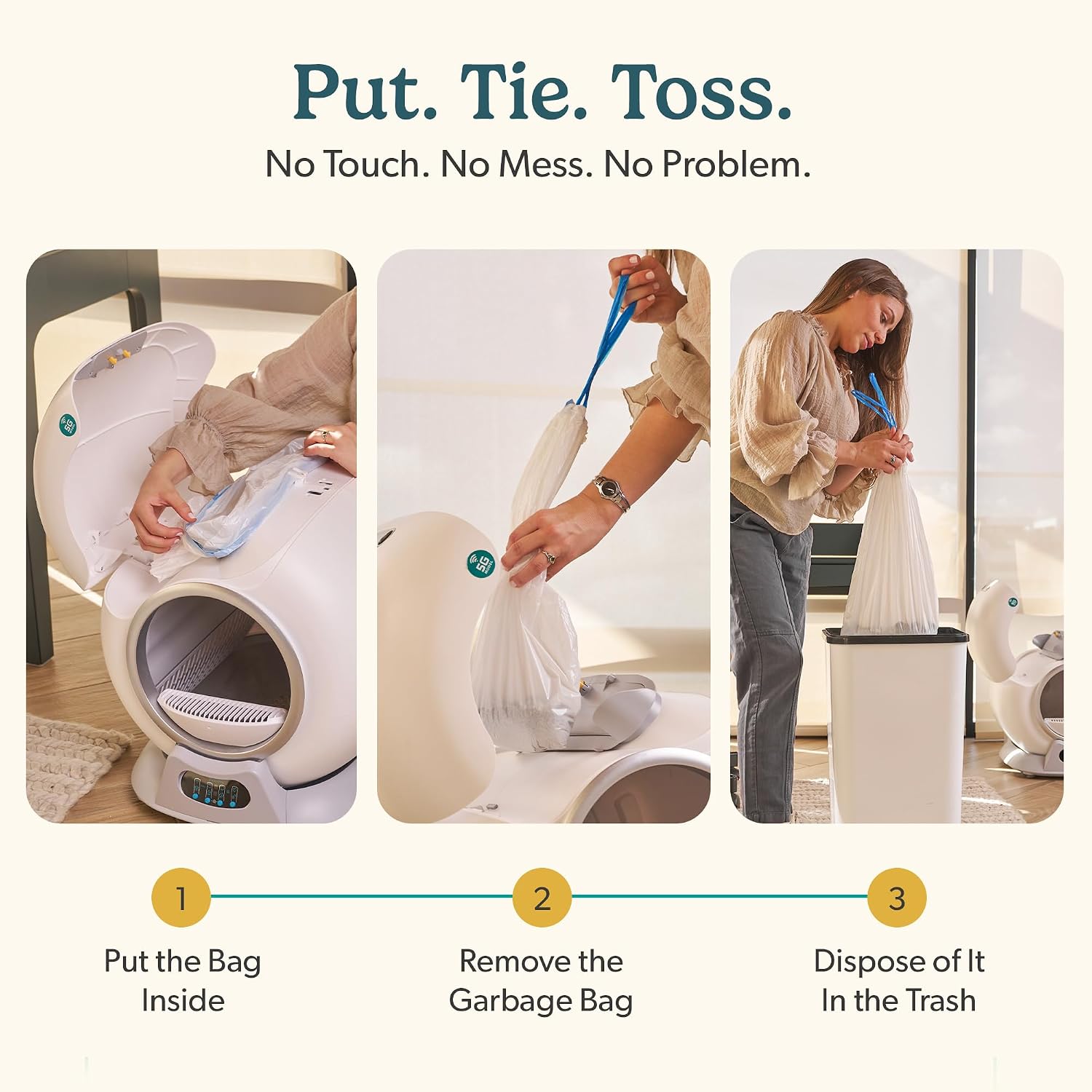 Heavy duty leak proof automatic litter box liners being lifted by durable drawstrings