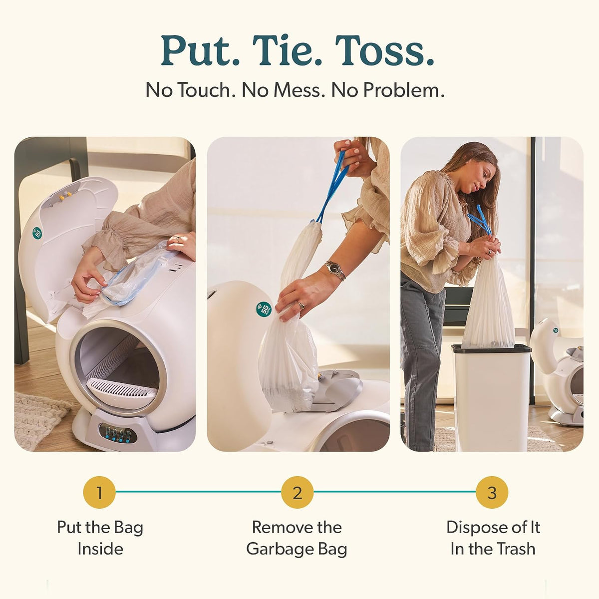 Heavy duty leak proof automatic litter box liners being lifted by durable drawstrings