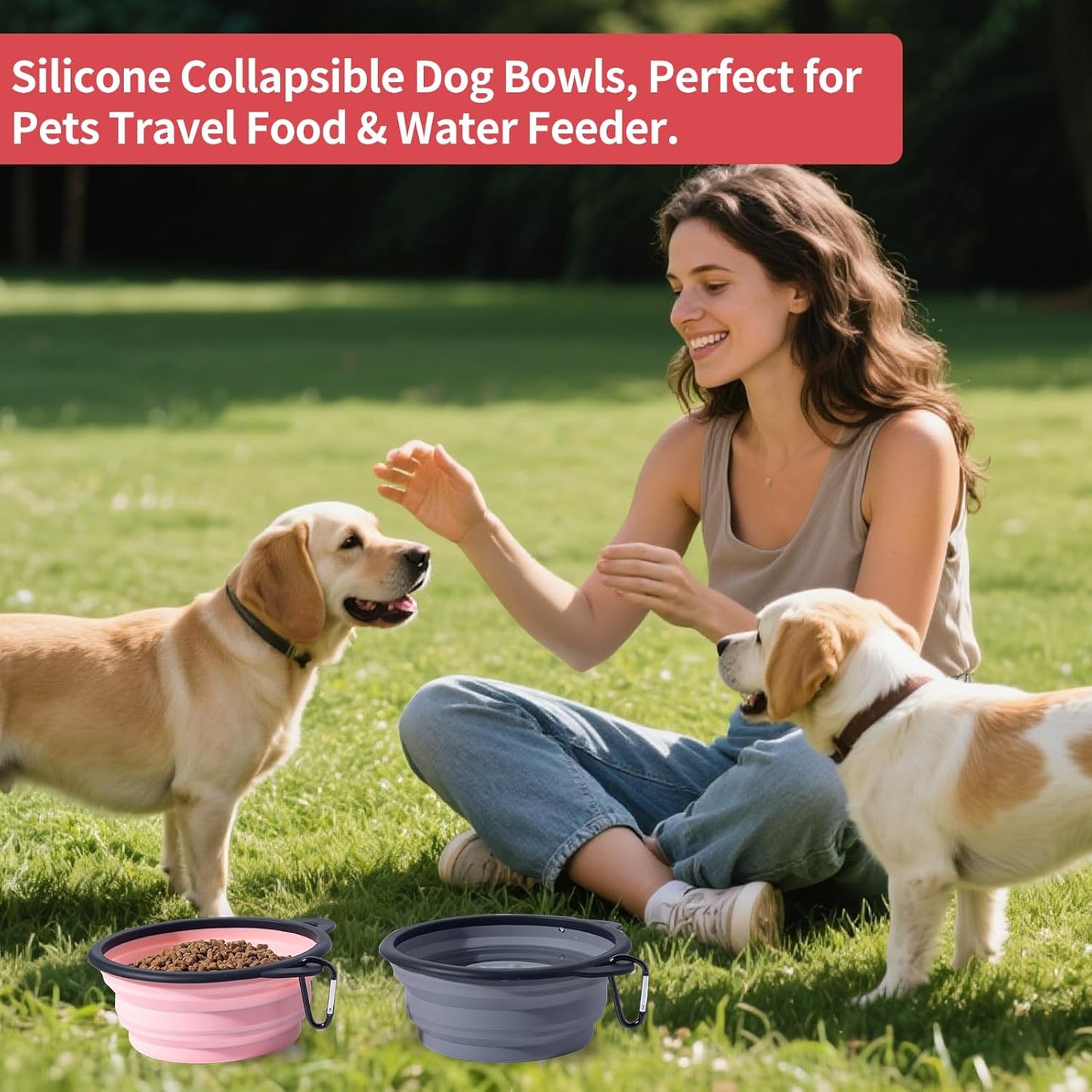 SLSON twenty-five ounce portable pet feeder attached to a backpack with a carabiner clip
