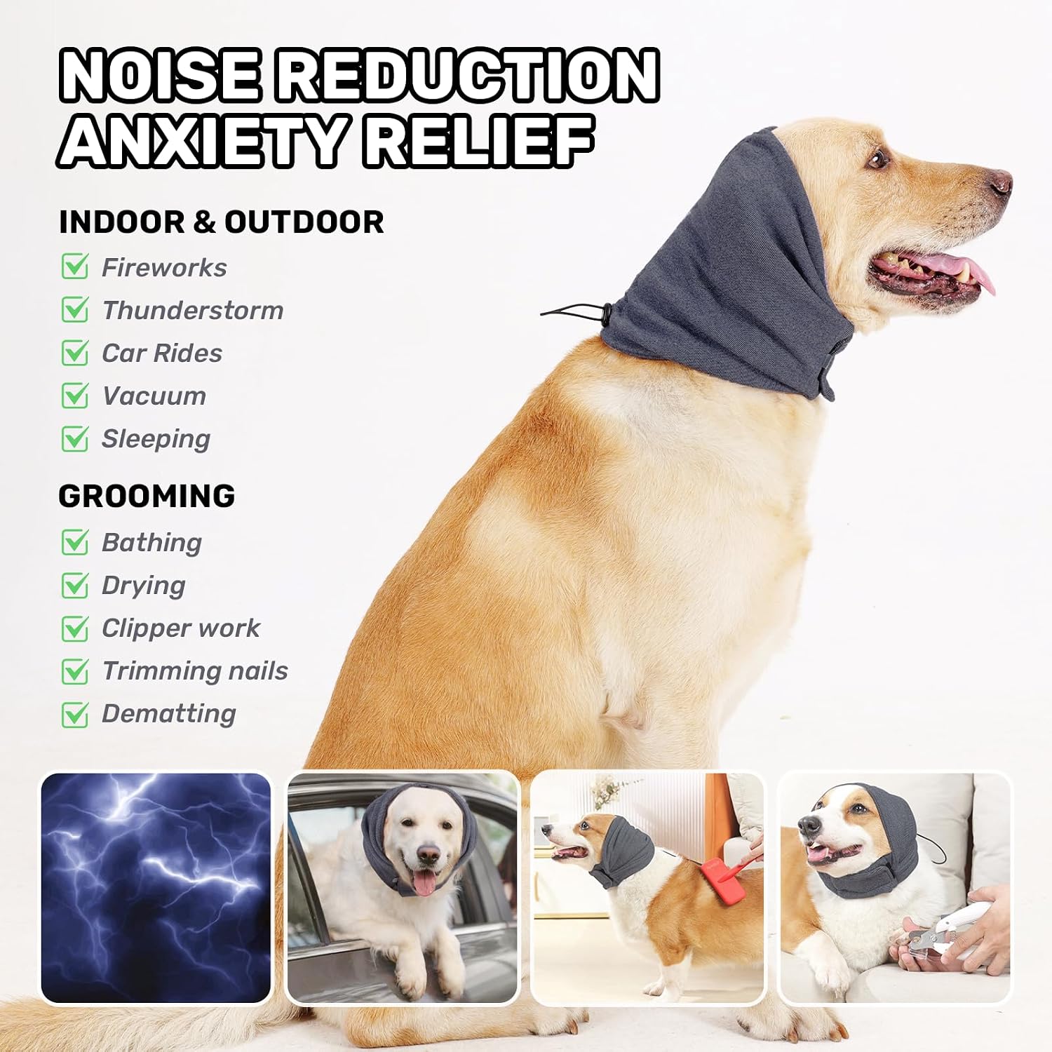 No shake ear wraps for dogs being used during a grooming session.