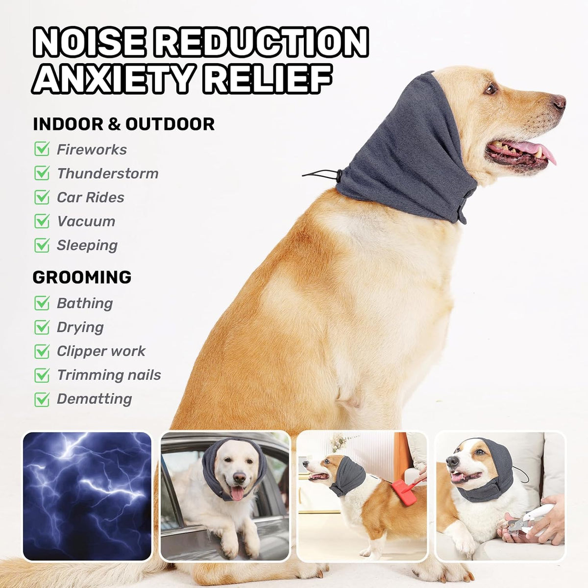 No shake ear wraps for dogs being used during a grooming session.