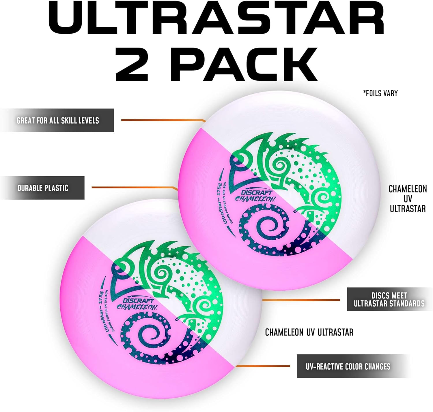 Two pack bundle of authentic Discraft Ultrastar ultimate flying discs for outdoor field sports