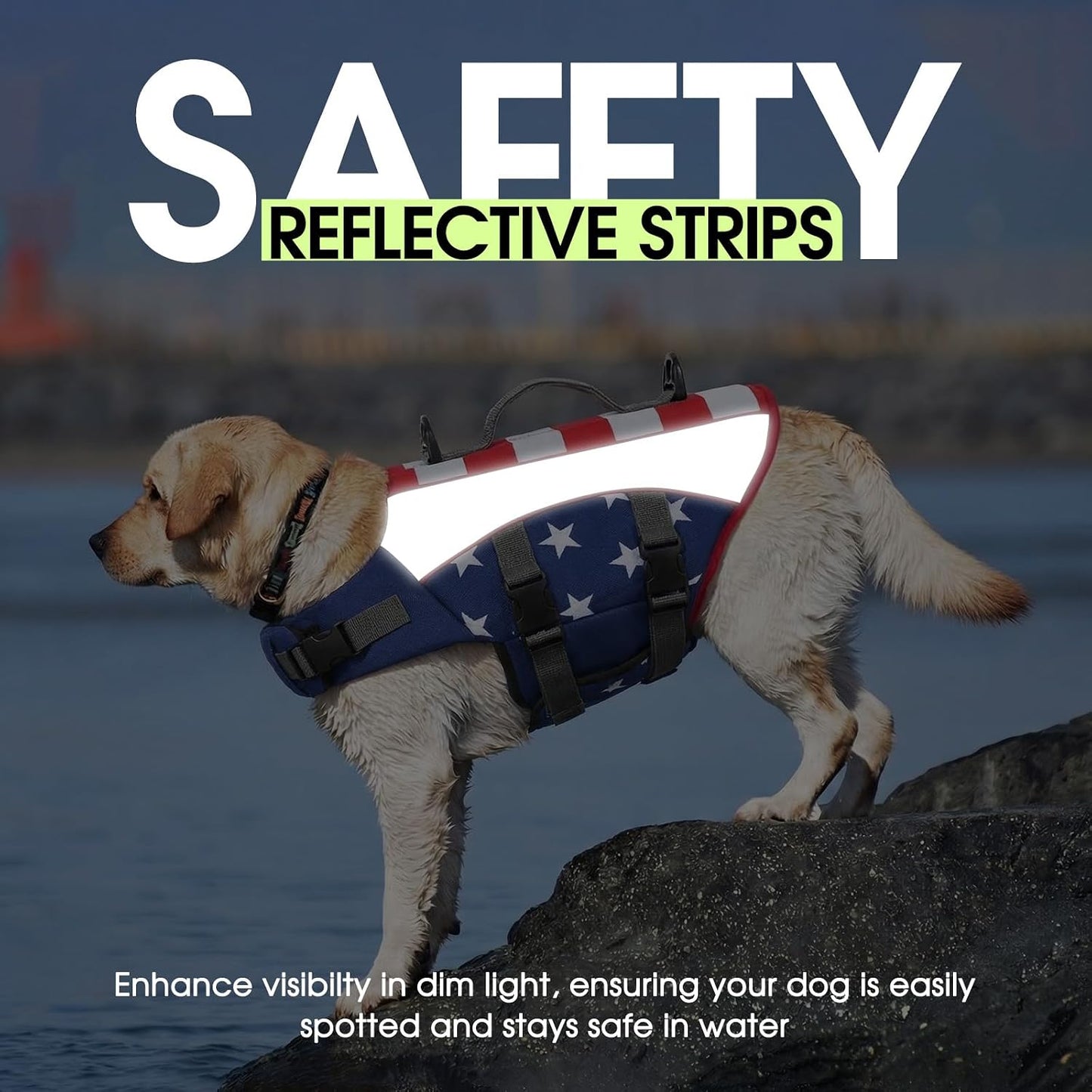 Adjustable pet safety vest with high visibility reflective strips for low light conditions