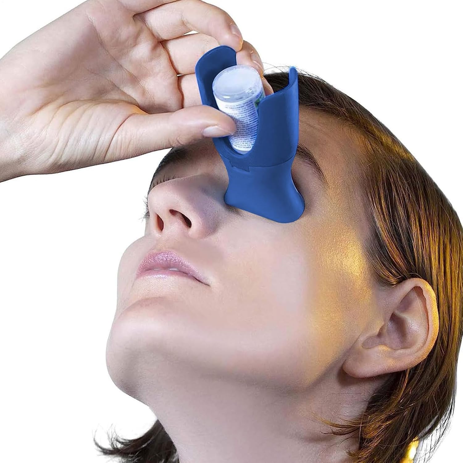 EziDrops Eye Drop Guide front view of blue reusable dispenser tool
