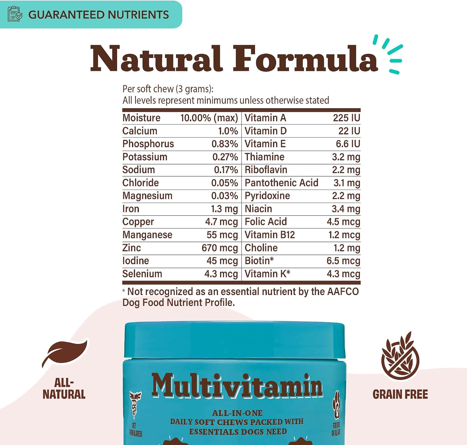 Natural Dog Company 25-in-1 multivitamin dosage guide on packaging