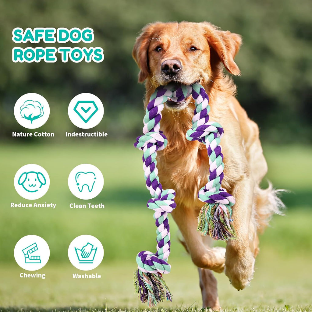 Large breed dog playing tug of war with the indestructible cotton rope toy.