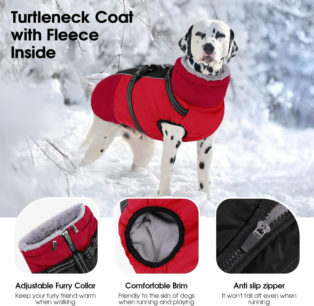 Insulated pet snowsuit with integrated harness D-rings close up