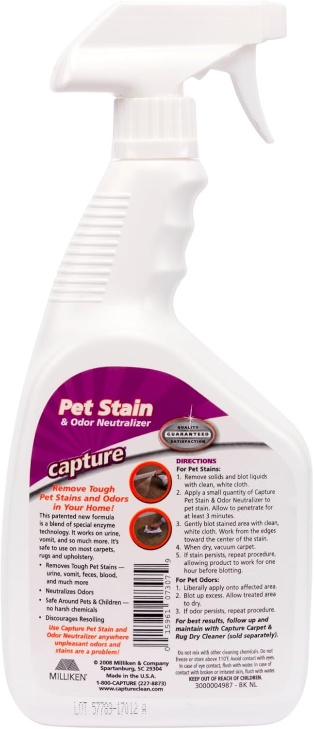 Capture pet odor eliminator bottle next to 32 fluid ounces scale