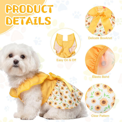 Cute female puppy wearing the Abbylike yellow lemon print summer dress.