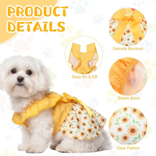 Cute female puppy wearing the Abbylike yellow lemon print summer dress.