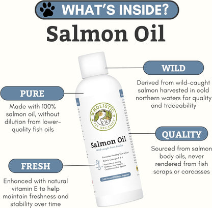 Wholistic Pet Organics Omega 3 fish oil supplement for dogs and cats nutritional facts label.