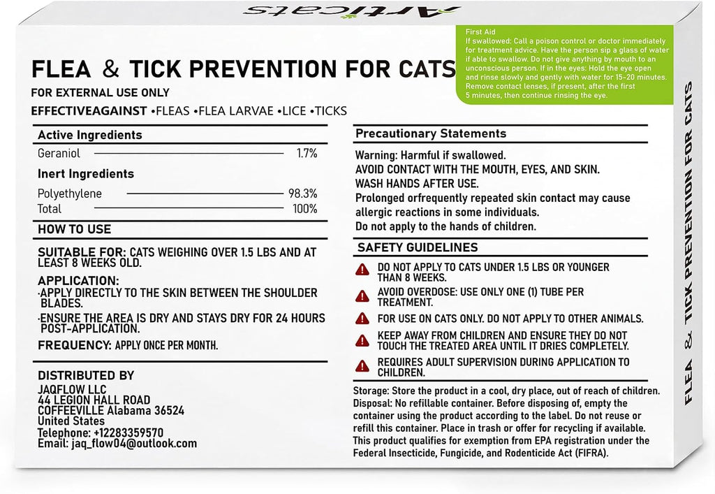 Articats topical cat treatment dosage and usage instructions label