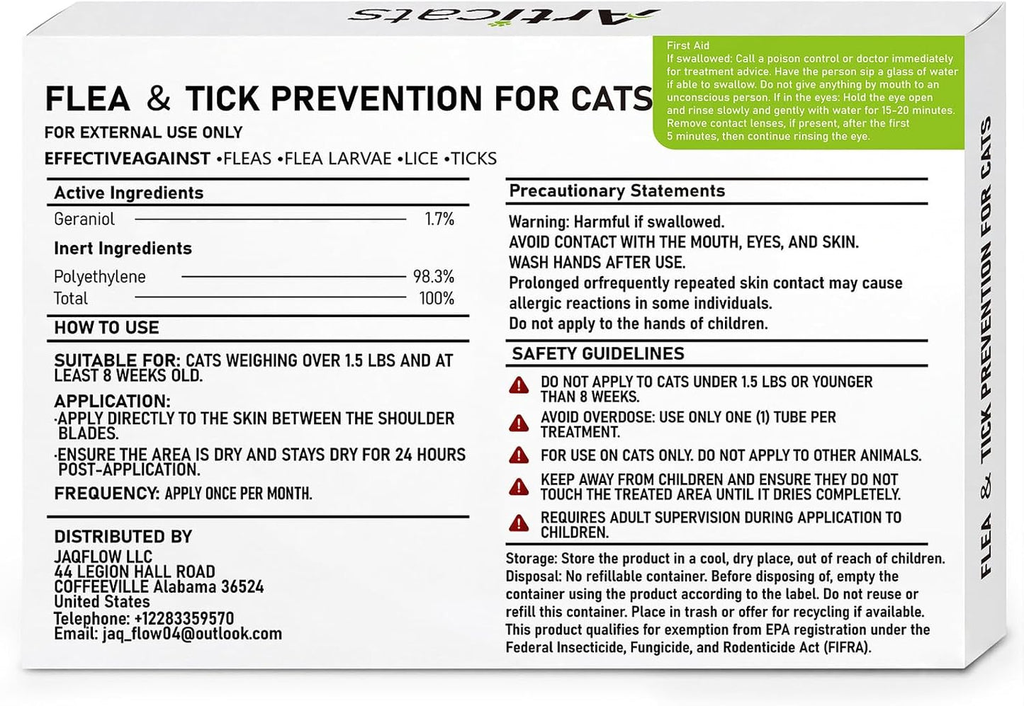 Articats topical cat treatment dosage and usage instructions label