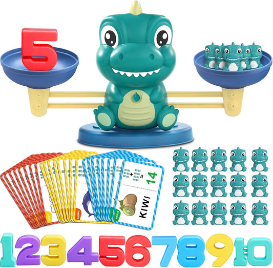 Kaodezhu dinosaur math balance toy front view showing the green scale balancing numbers and figures.