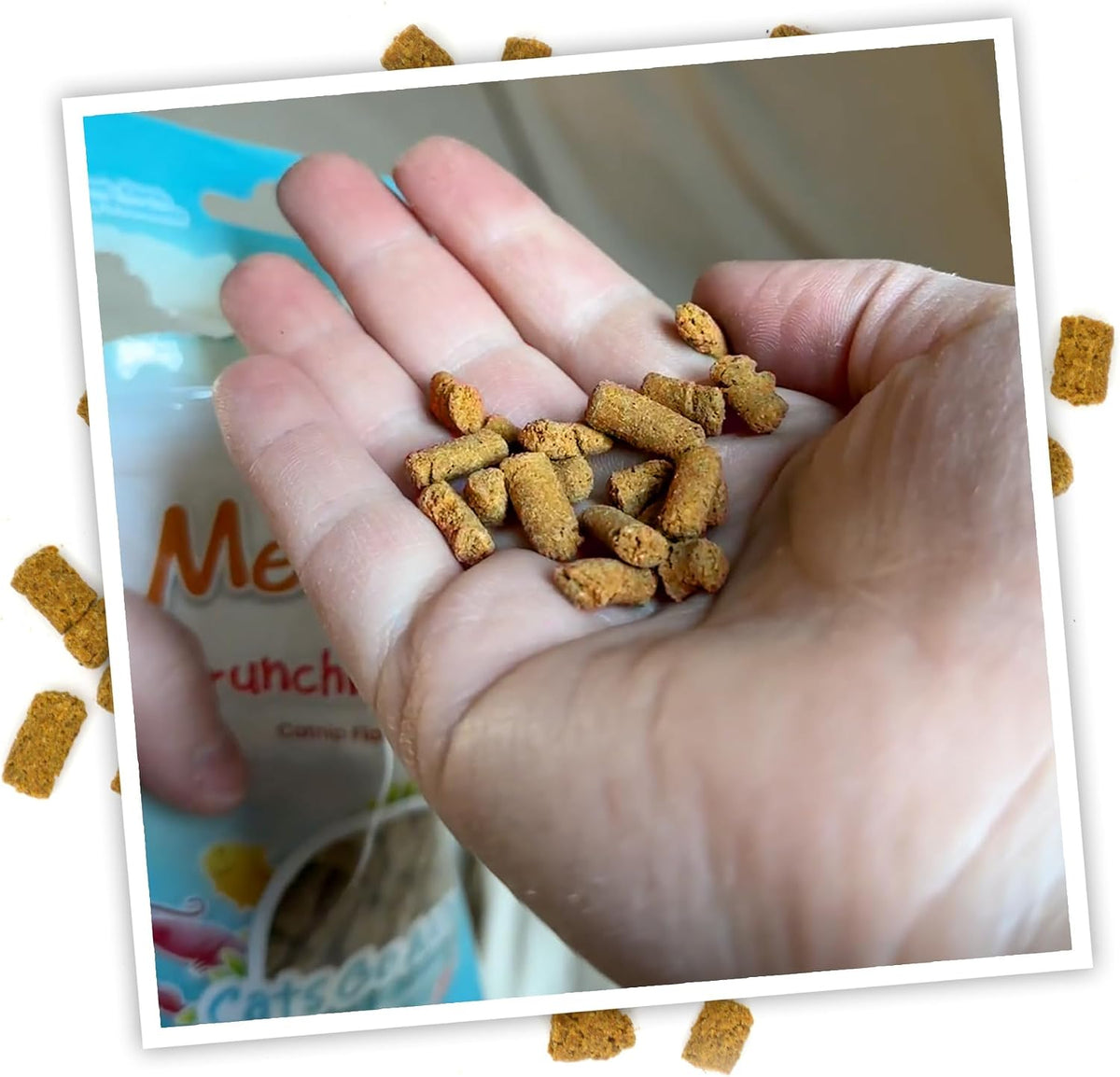 Meowijuana salmon seafood and chicken trio treats bag close up.