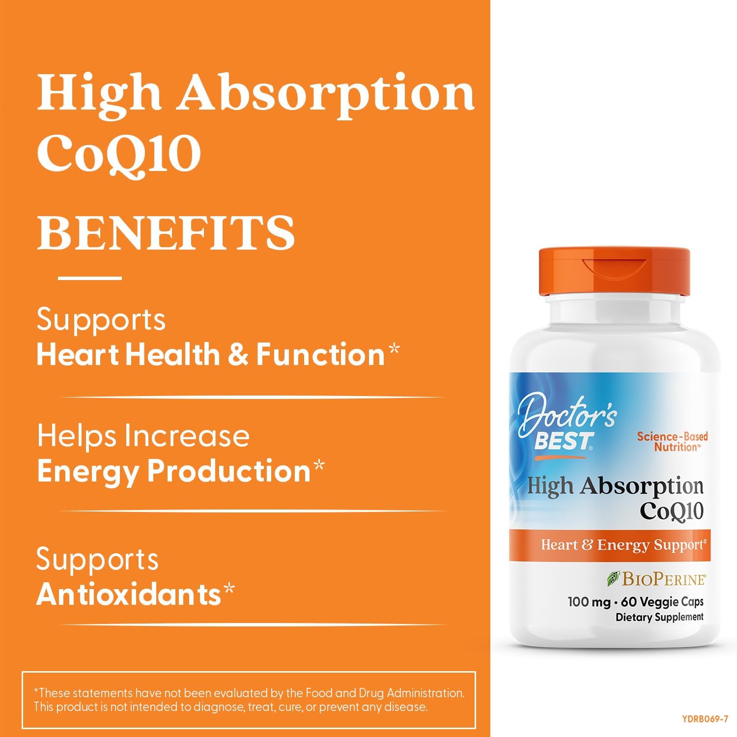 Naturally fermented Coenzyme Q10 100mg supplement label detailing dietary support benefits
