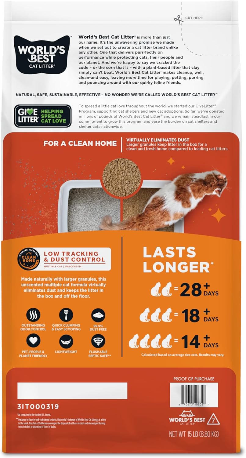 World's Best Cat Litter bag showing natural corn ingredients