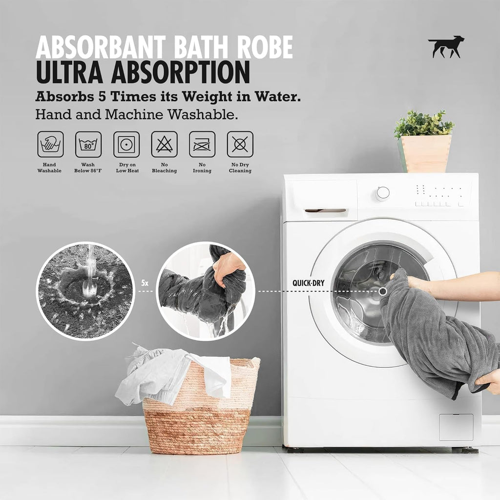 Absorbent gray pet towel robe showing secure rear leg straps