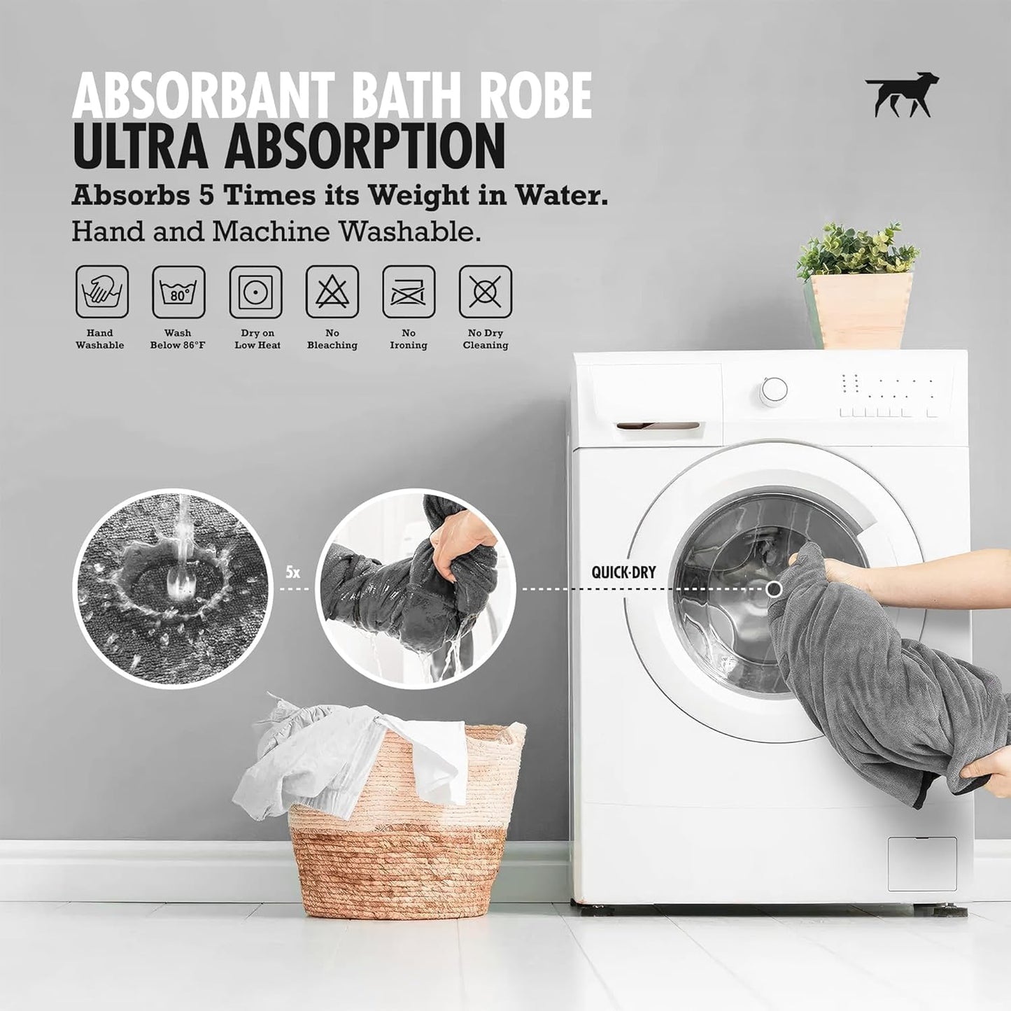 Absorbent gray pet towel robe showing secure rear leg straps