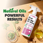 NatureStop pet friendly home flea spray being applied to indoor rugs and bedding