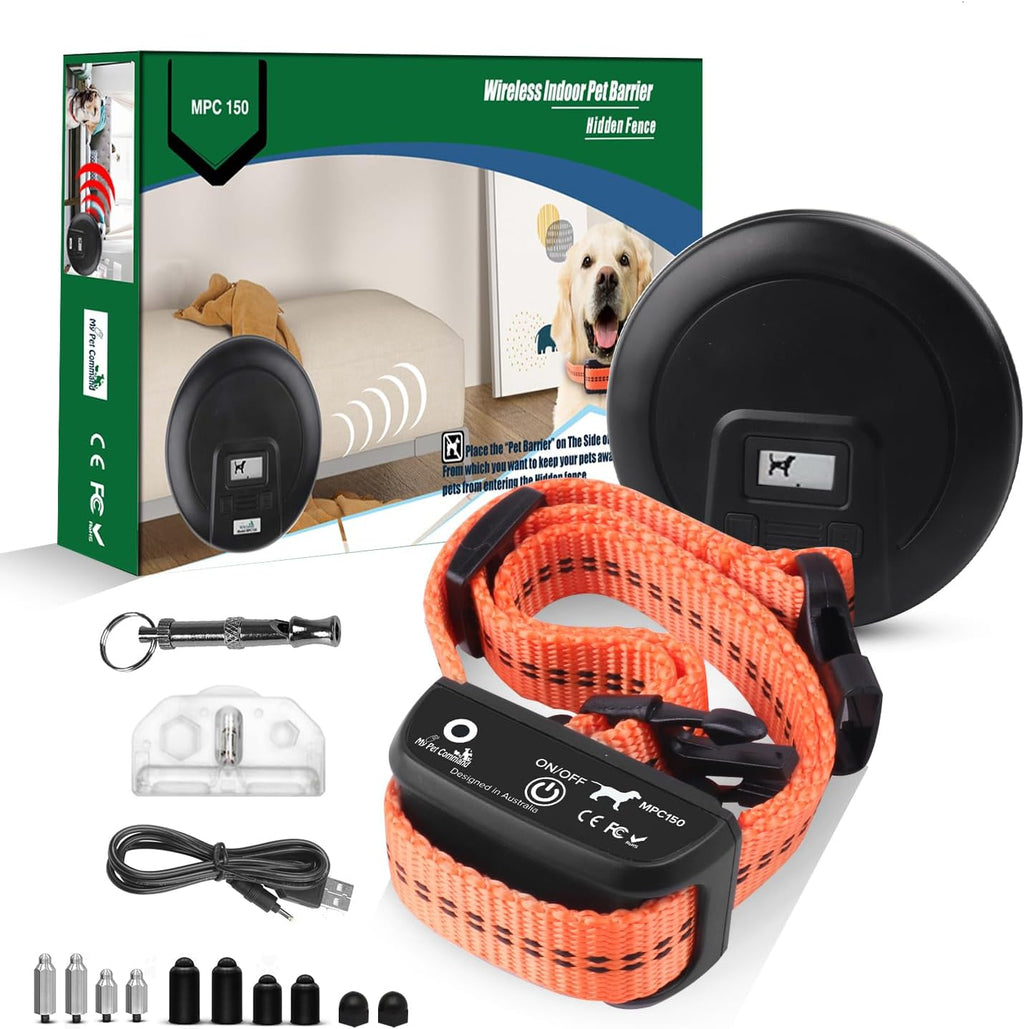 My Pet Command indoor pet barrier transmitter and collar front view electronic dog fence