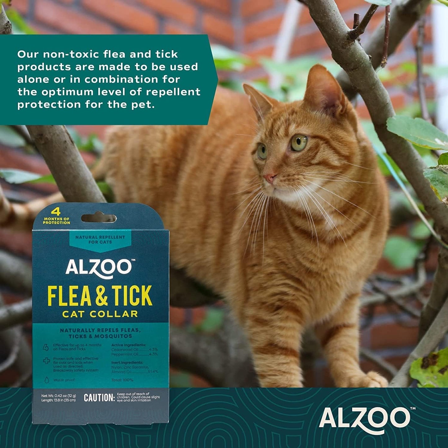 Alzoo cat collar ingredients label showing cedarwood and peppermint oil