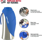 Reversible silicone leaf bowl dispenser on stainless steel travel pet bottle