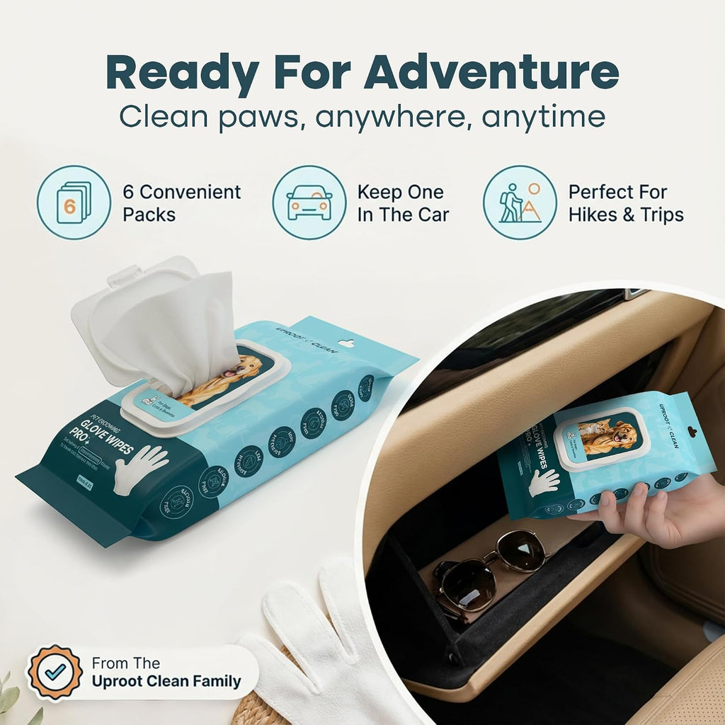 Uproot Clean 20 pack pet wipes packaging showing travel friendly sealed pouches.