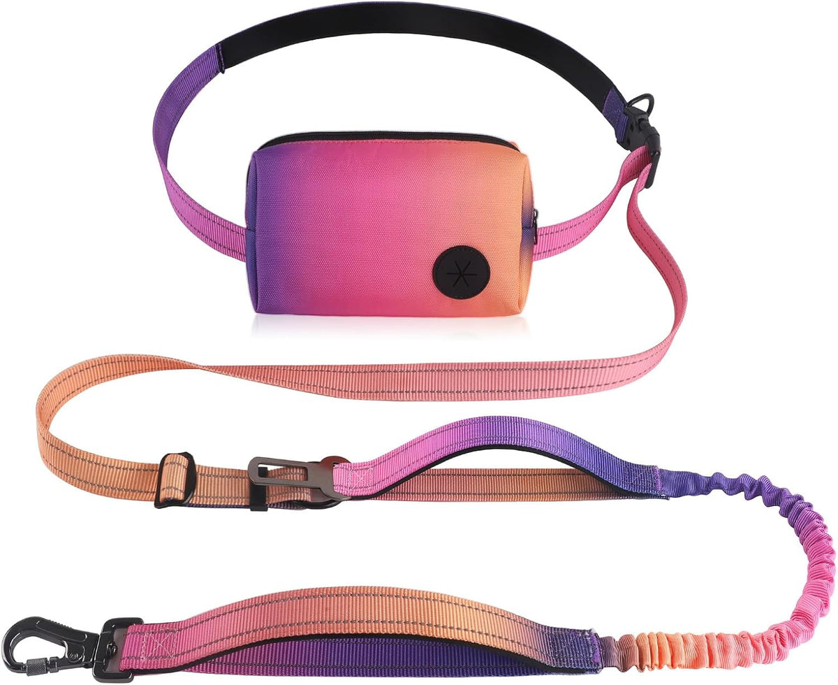 Roses&Poetry hands free dog leash front view showing sunset gradient nylon and zipper pouch.