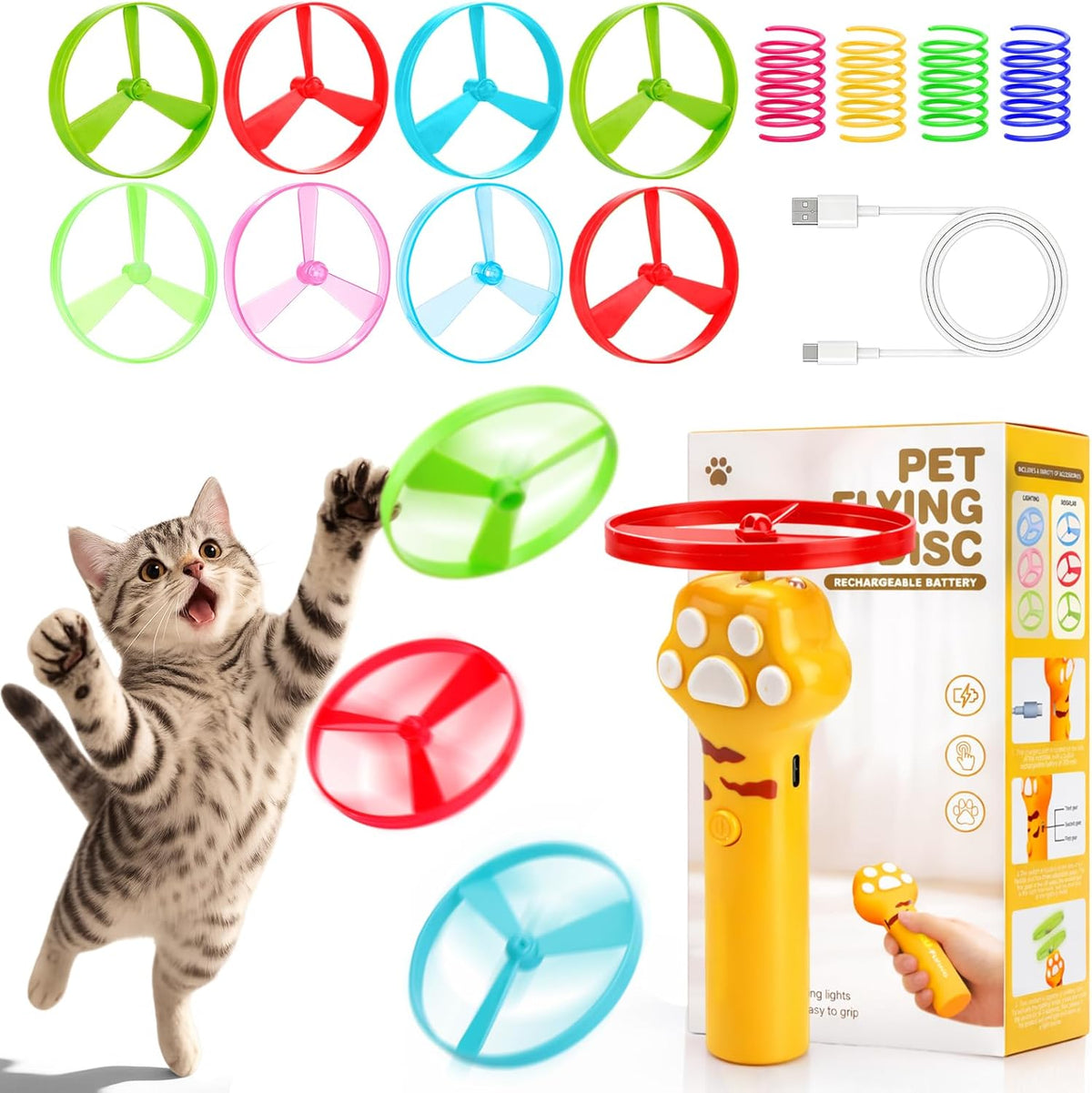 BABORUI interactive cat toy disc launcher front view showing yellow paw-shaped design