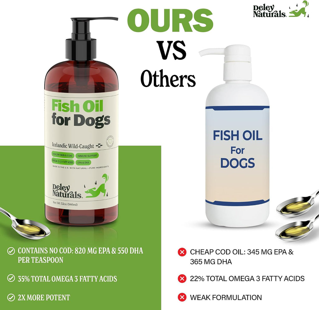 Close up of Deley Naturals 32 ounce wild caught fish oil formula targeting pet shedding and itching