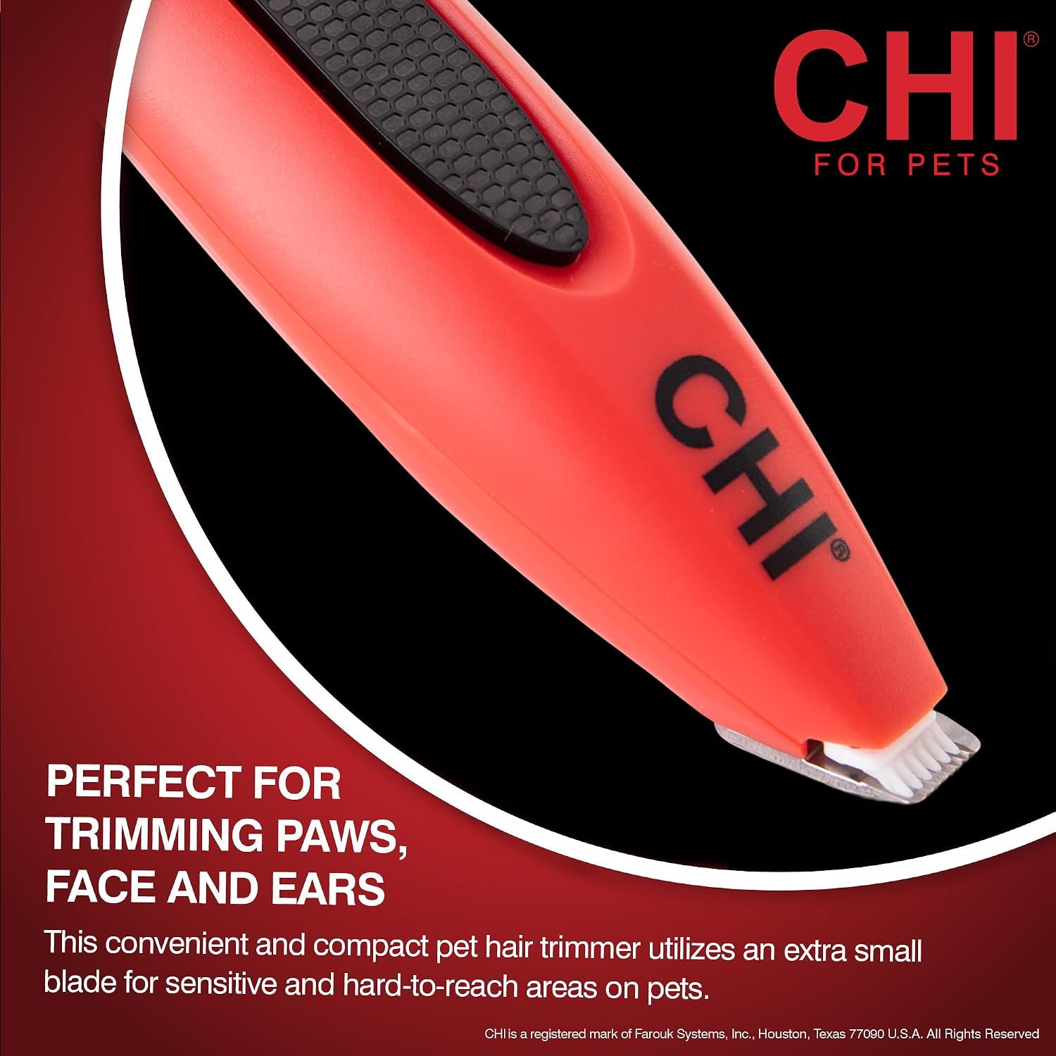 Cordless USB rechargeable dog clipper by CHI for Pets being held to demonstrate its ergonomic and compact handle design.