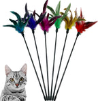 CATENESS cat wand toy front view showing six interactive colorful feather sticks with bells