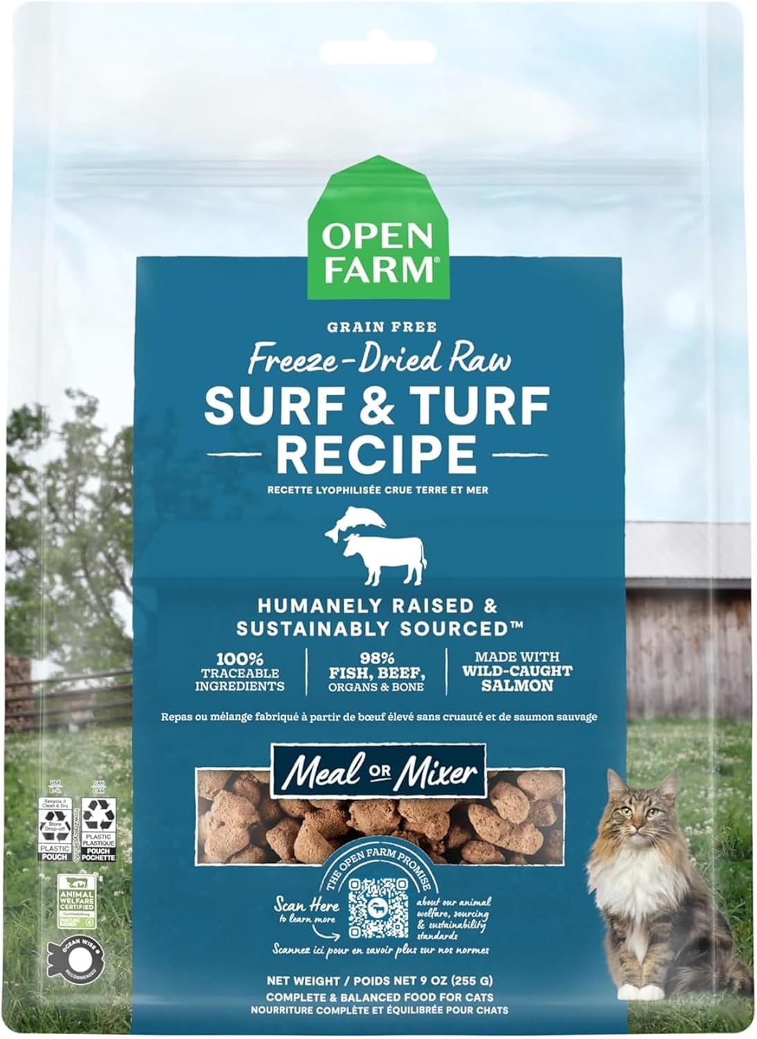 Open Farm freeze dried raw chicken cat food showing clean traceable ingredients