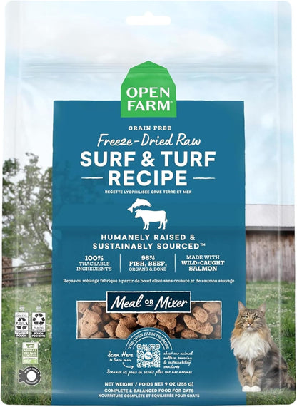 Open Farm freeze dried raw chicken cat food showing clean traceable ingredients