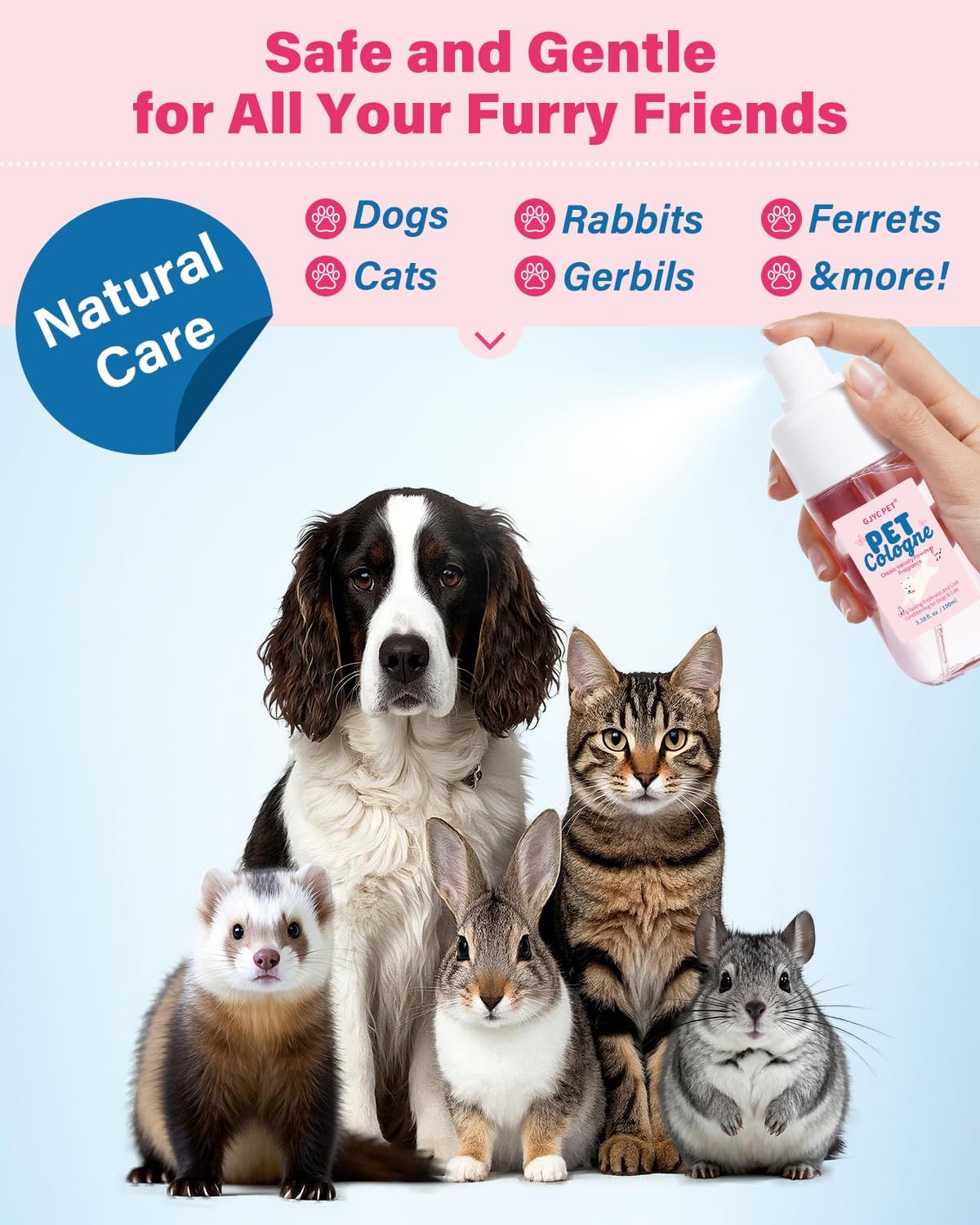 Non sticky pet deodorizer mist being applied to a dog coat.