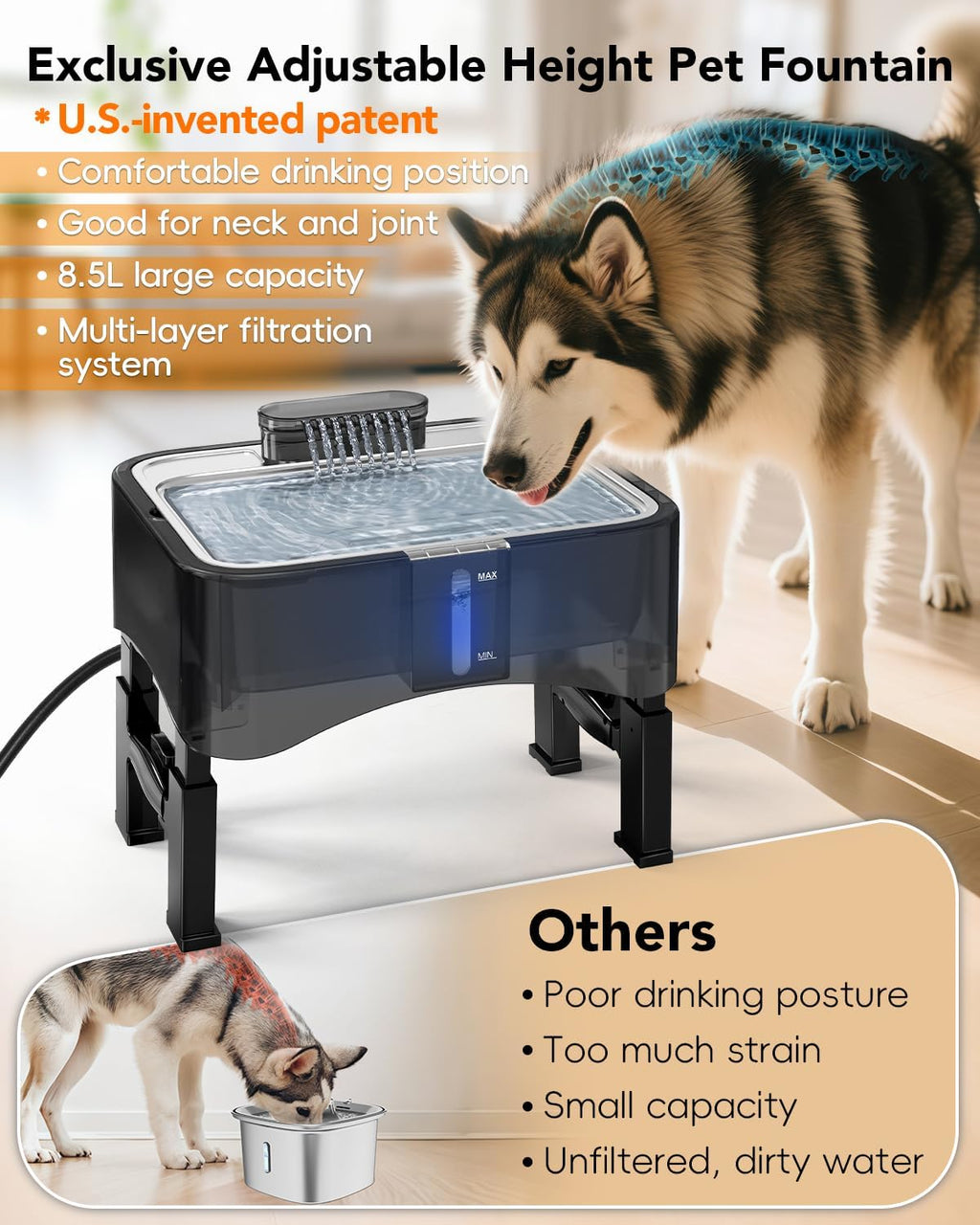 Upsky pet water fountain demonstrating height adjustment levels