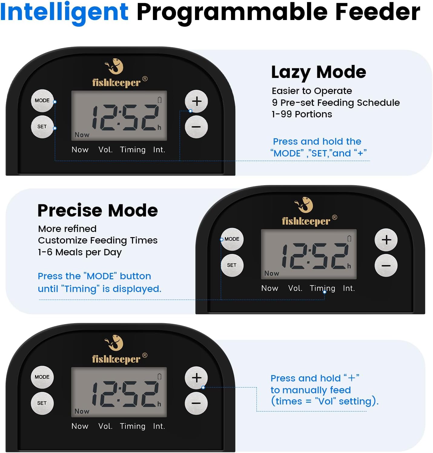 fishkeeper automatic pond fish feeder digital LCD control panel settings close up