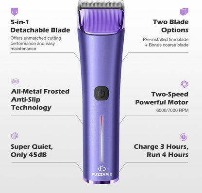 FuzzyFix pet grooming kit showing five in one adjustable blade mechanism.