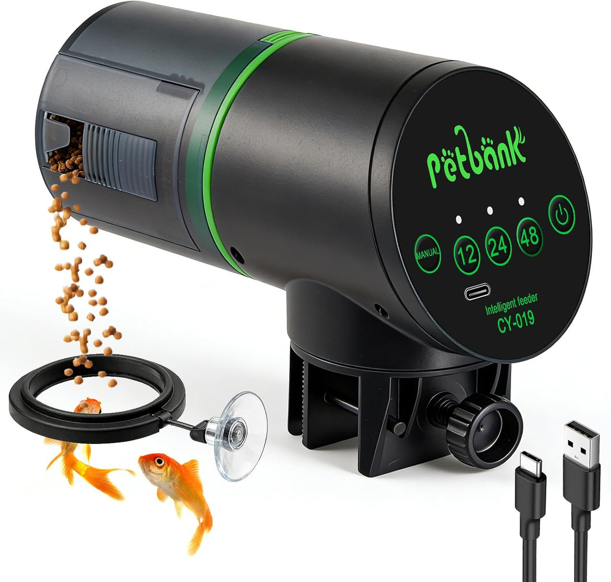 Petbank automatic fish feeder front view showcasing the modern black finish and digital control interface.