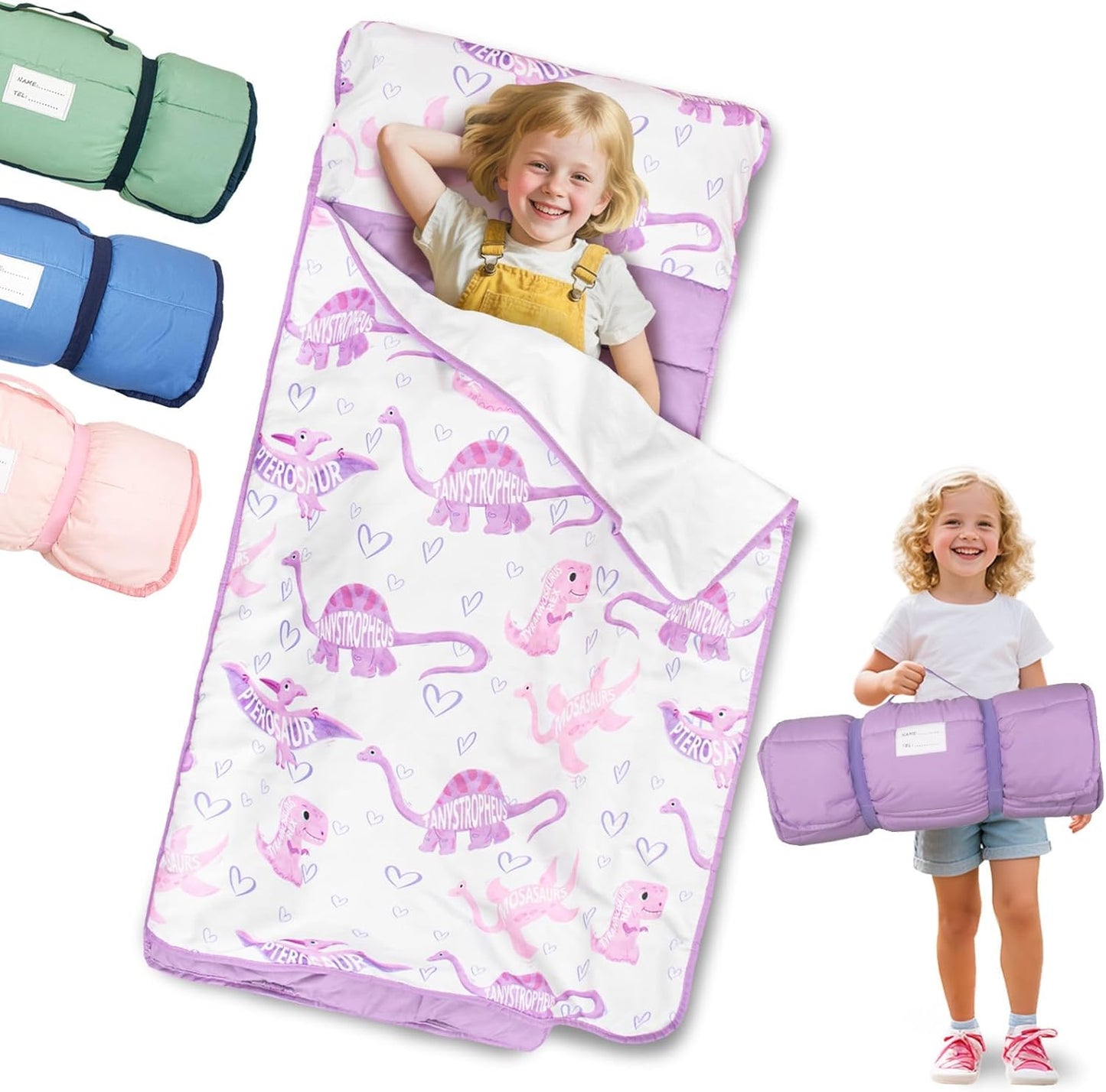 Primlect Toddler Nap Mat front view featuring the vibrant purple dinosaur pattern and attached fleece blanket.