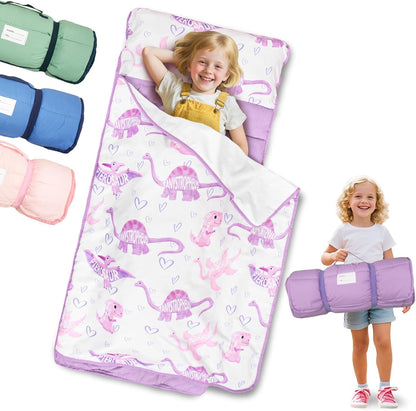 Primlect Toddler Nap Mat front view featuring the vibrant purple dinosaur pattern and attached fleece blanket.