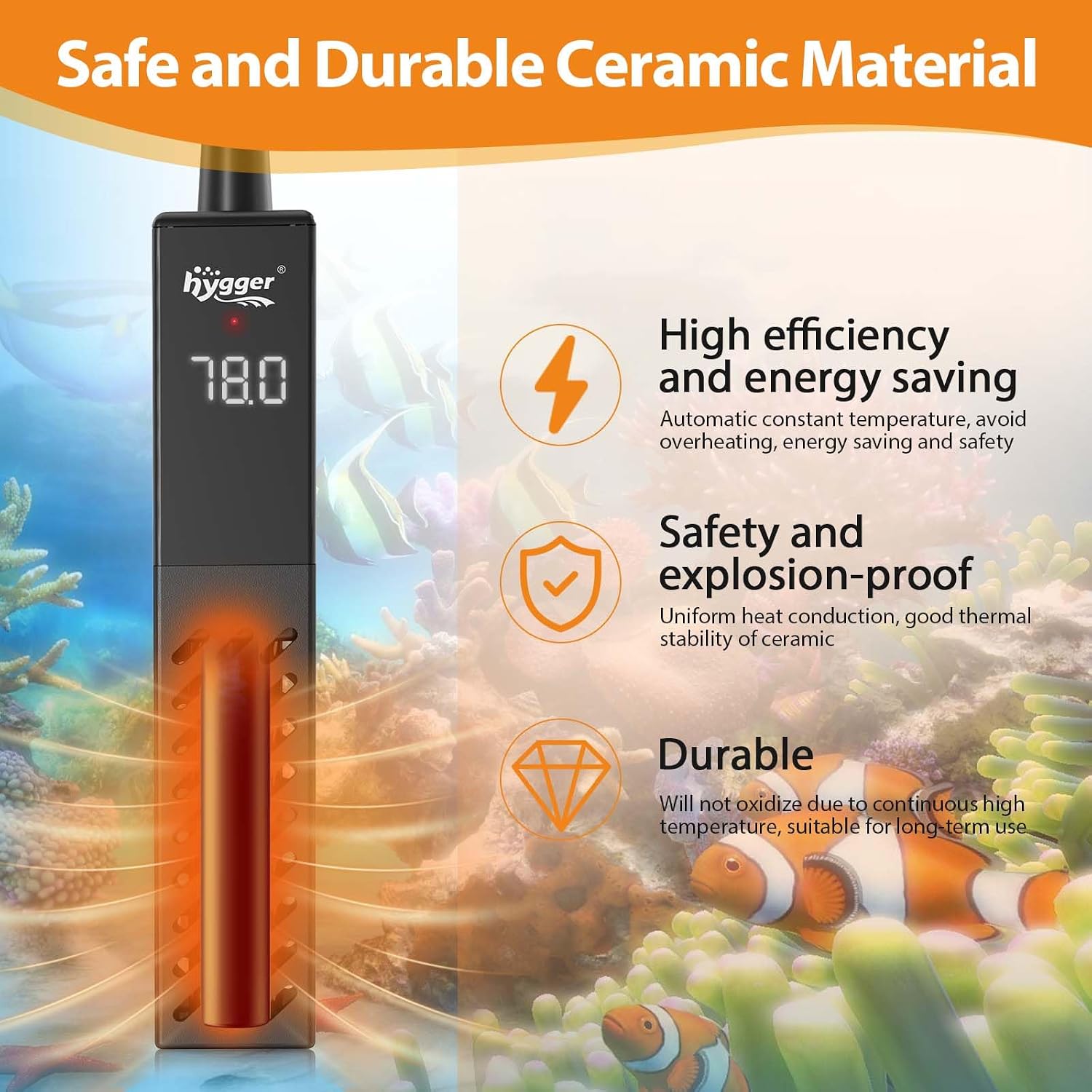 Hygger aquarium heater safety features and ceramic rod
