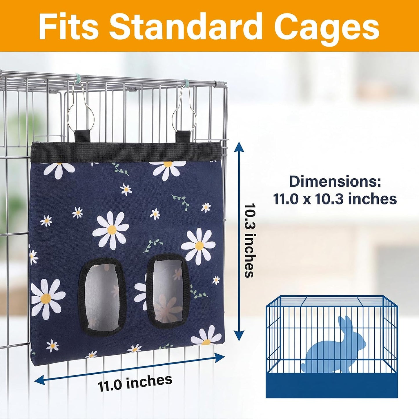Ondware Rabbits Hay Feeder Bag for Bunny - Hanging Washable Dual-Port Hay Dispenser for Rabbits, Guinea Pigs; 600D Oxford Fabric, Collapsible, Blue Daisy Pattern - Image 2